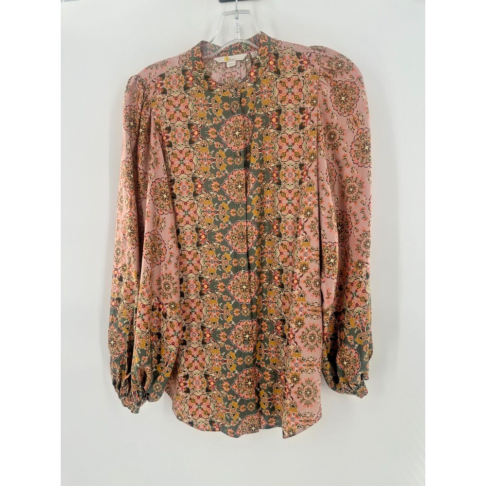 Boden Women’s 4 Pink & Green Paisley Tile Print Blouse Puff Sleeve Band Collard